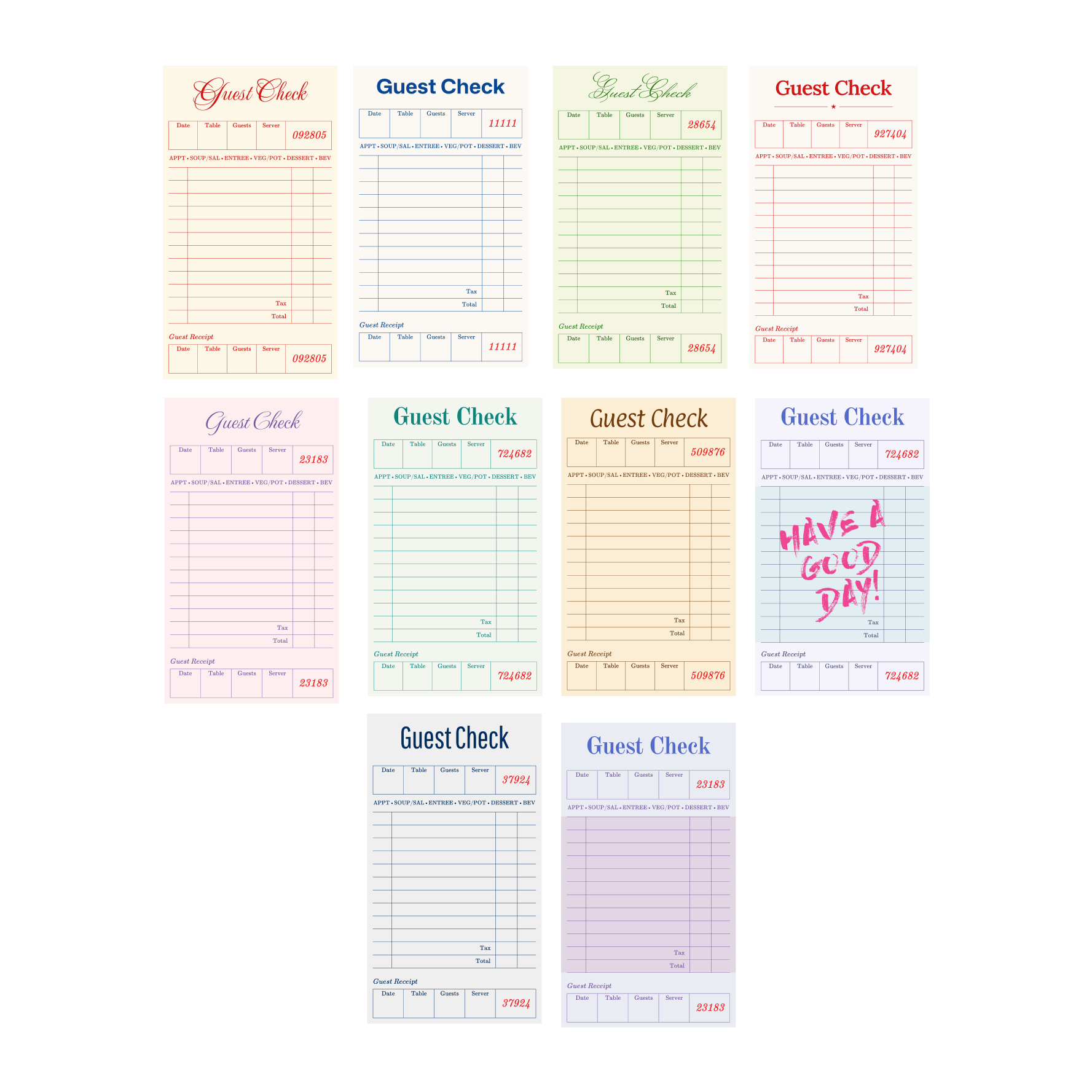 guest check receipt slips (set of 10)